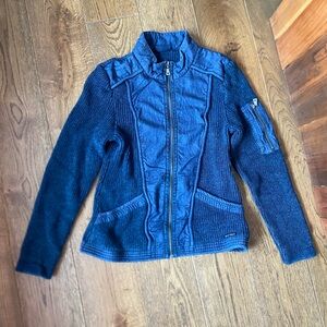 Vintage Women's Blue Denim and Cotton Zip up sweater jacket. Small